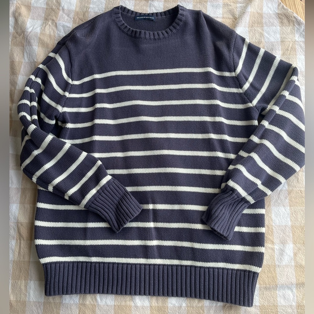 Brandy Melville Navy and Cream Striped Crewneck Sweater